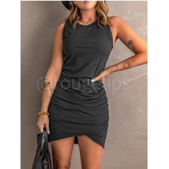 Black Mini Tank Dress Casual Ruched Overlapping Skirt Hem - Picture 1 of 7